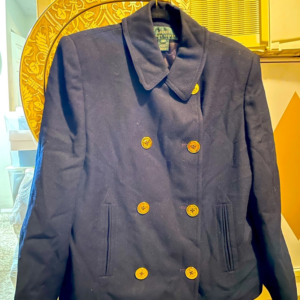 Ralph Lauren navy wool pea coat, size 16. Absolutely beautiful!